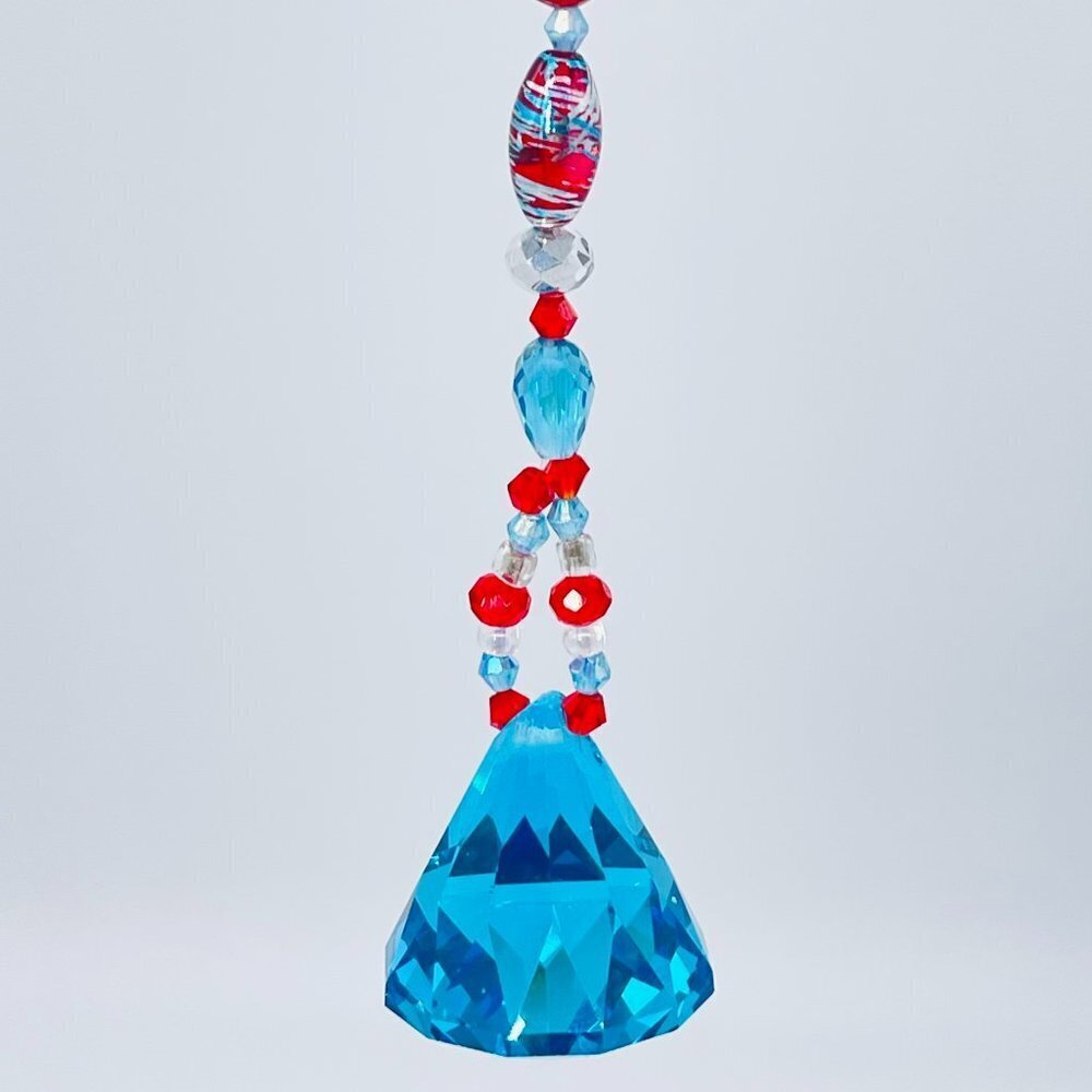 Beaded Suncatcher - Red Turquoise -Triangular Crystal Prism - Hanging Decor - Picture 5 of 16